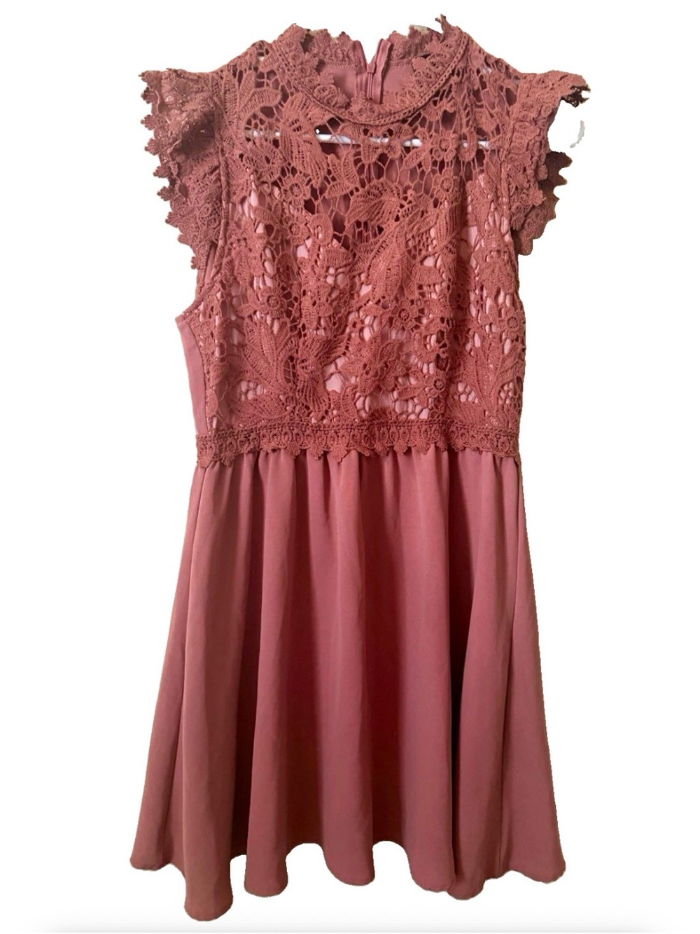 SHEIN Mauve Lace Overlay Ruffle Round Neck Sleeveless Fit & Flare Dress M